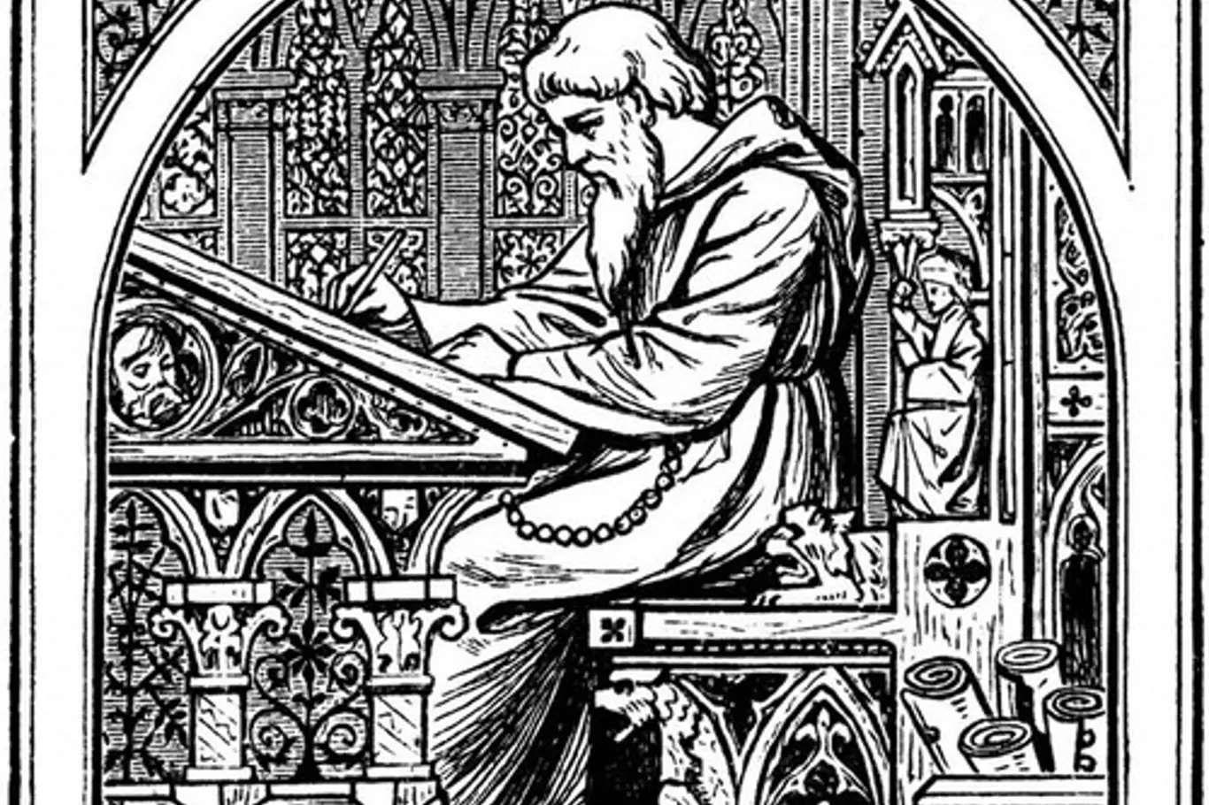 Rytina středověkého mnicha u psacího stolku