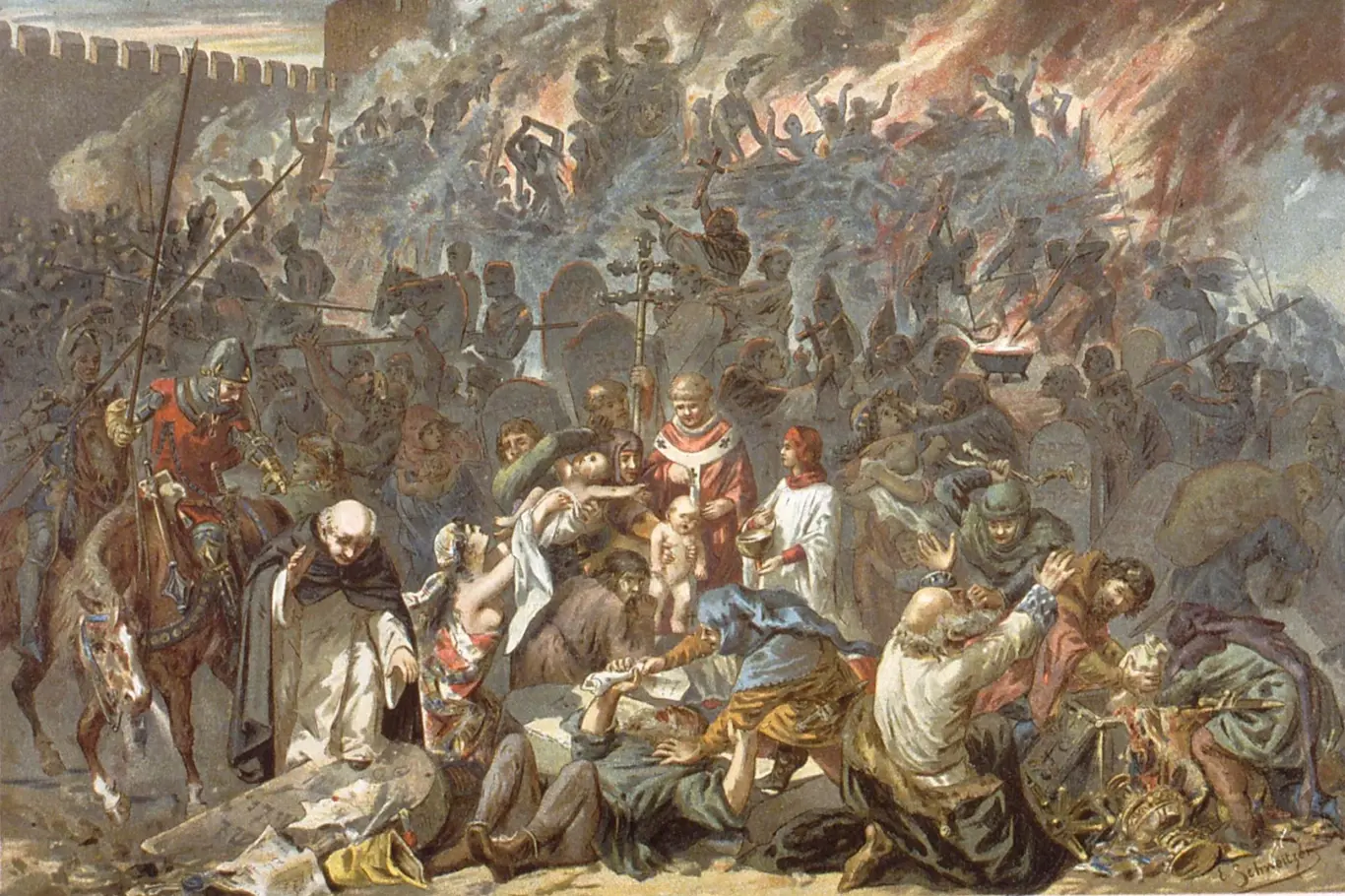 Středověký pogrom (na obraze je zachyceno vyvraždění Židů ve Štrasburku v roce 1349)