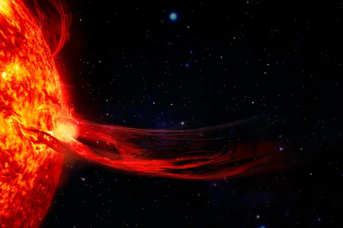 Sluneční protuberance, sluneční erupce a magnetické bouře. Záblesk plazmatu na povrchu hvězdy. Prvky tohoto snímku poskytla NASA.