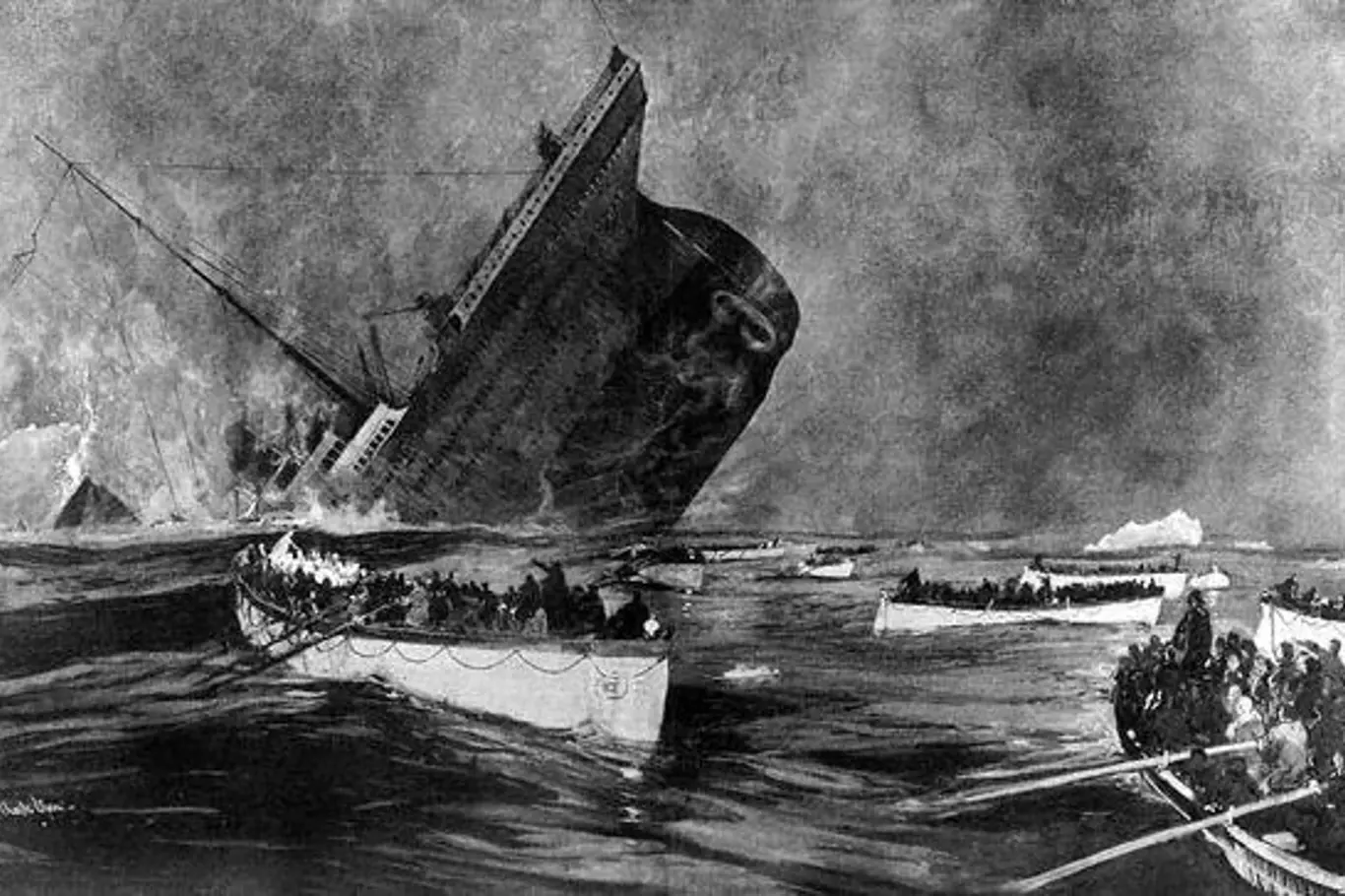 Potápějící se Titanic (pozdější kresba očitého svědka Willyho Stöwera)