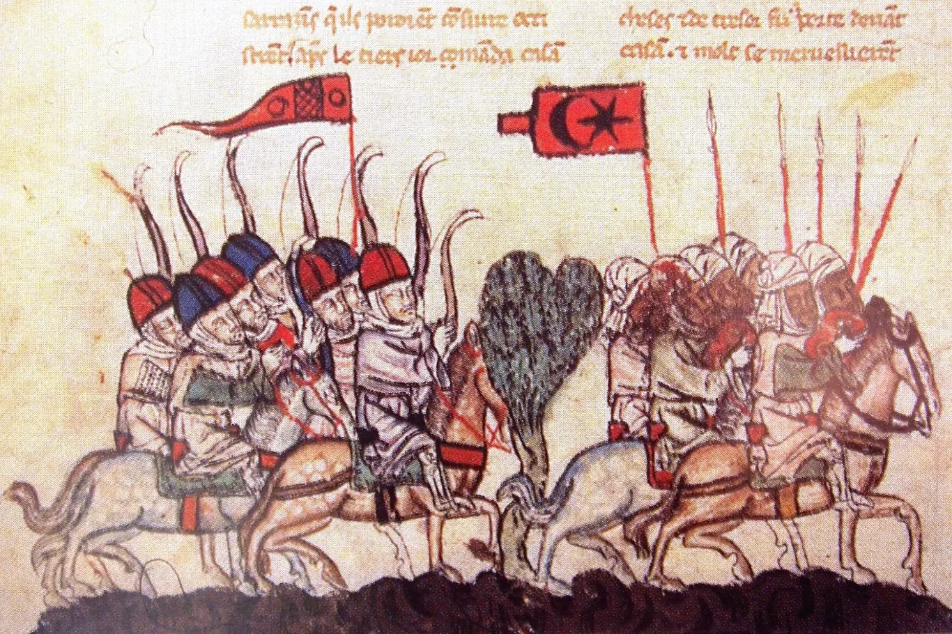 Bitva u Wádí al-Chazandaru, 1299. zobrazuje mongolské lučištníky a mamlúckou jízdu (ilustrace z rukopisu Dějin Tatarů ze 14. století).