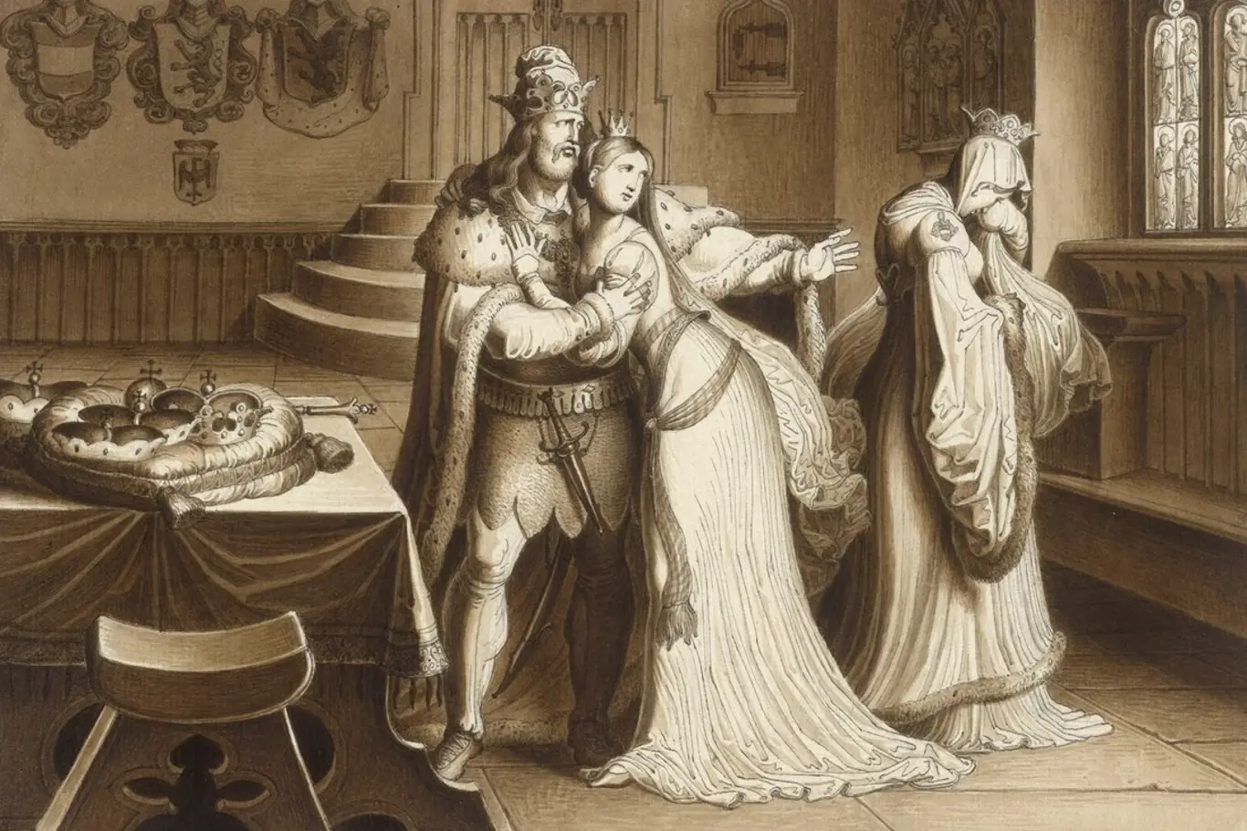 Přemysl Otakar II. zapudil manželku Markétu a oženil se s Kunhutou Haličskou - kresba Karl Russ, cca 1830