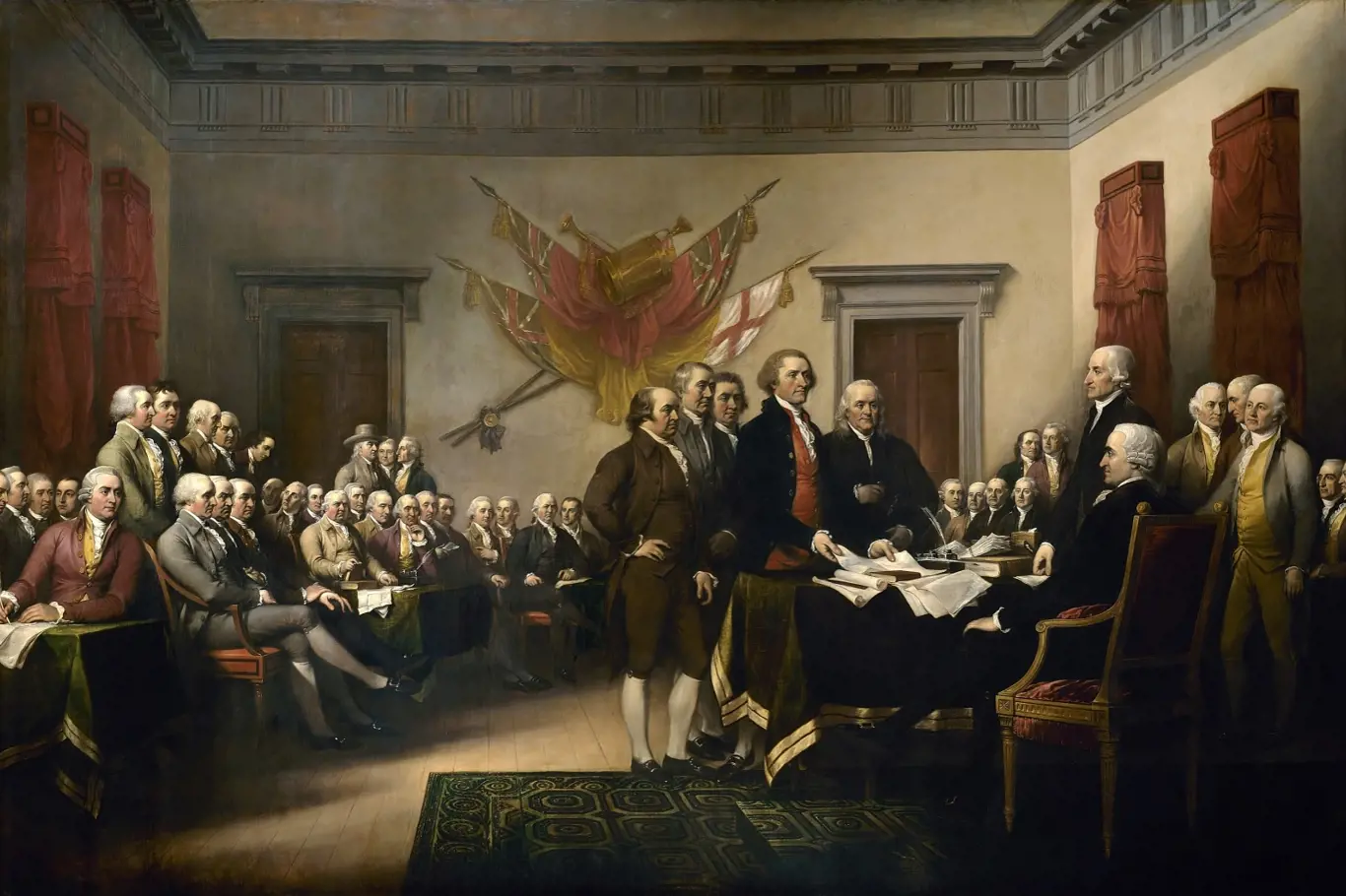 Přijetí Deklarace nezávislosti na obraze Johna Trumbulla z roku 1819