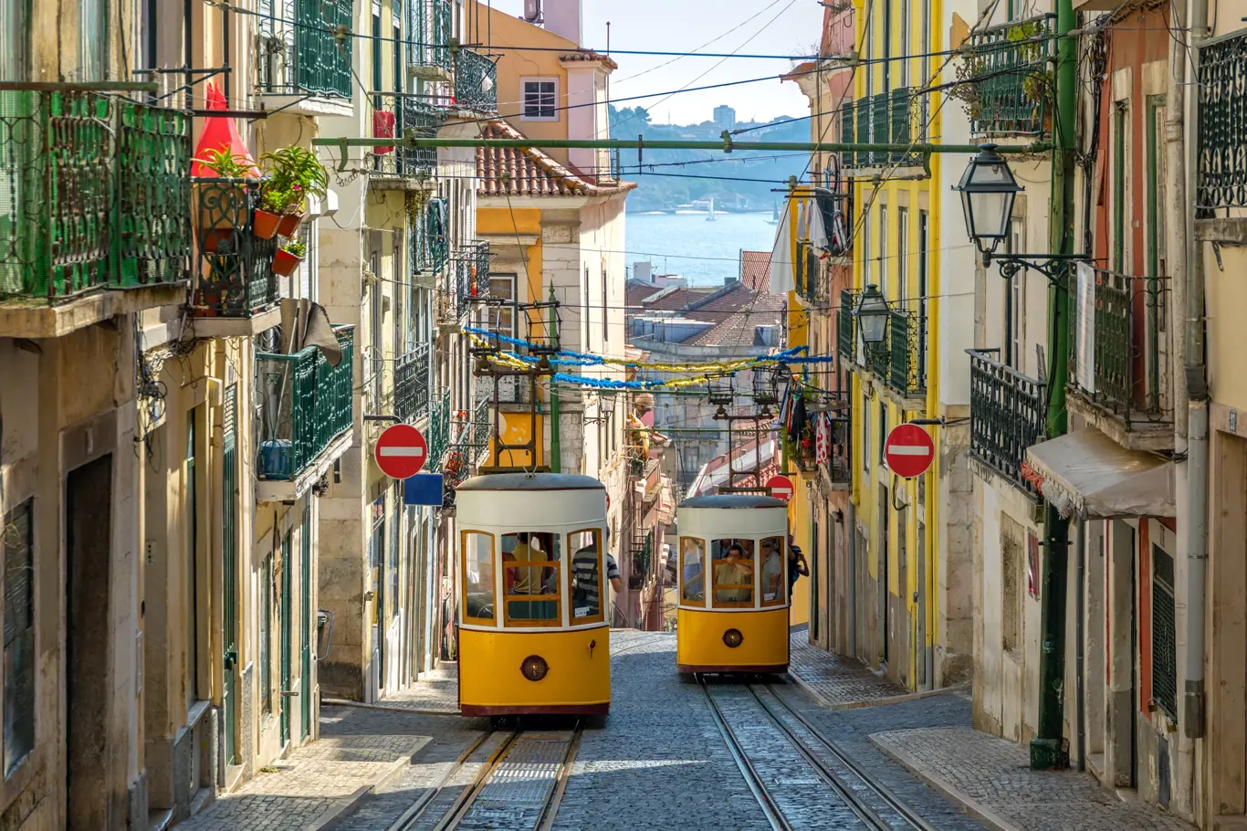 The Gloria Funicular in the city center of Lisbon, Portugal