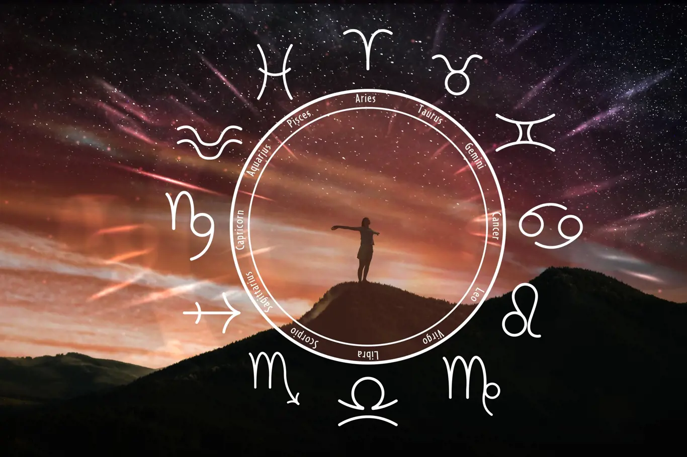 Zodiac wheel and photo of woman in mountains under starry sky. Banner design