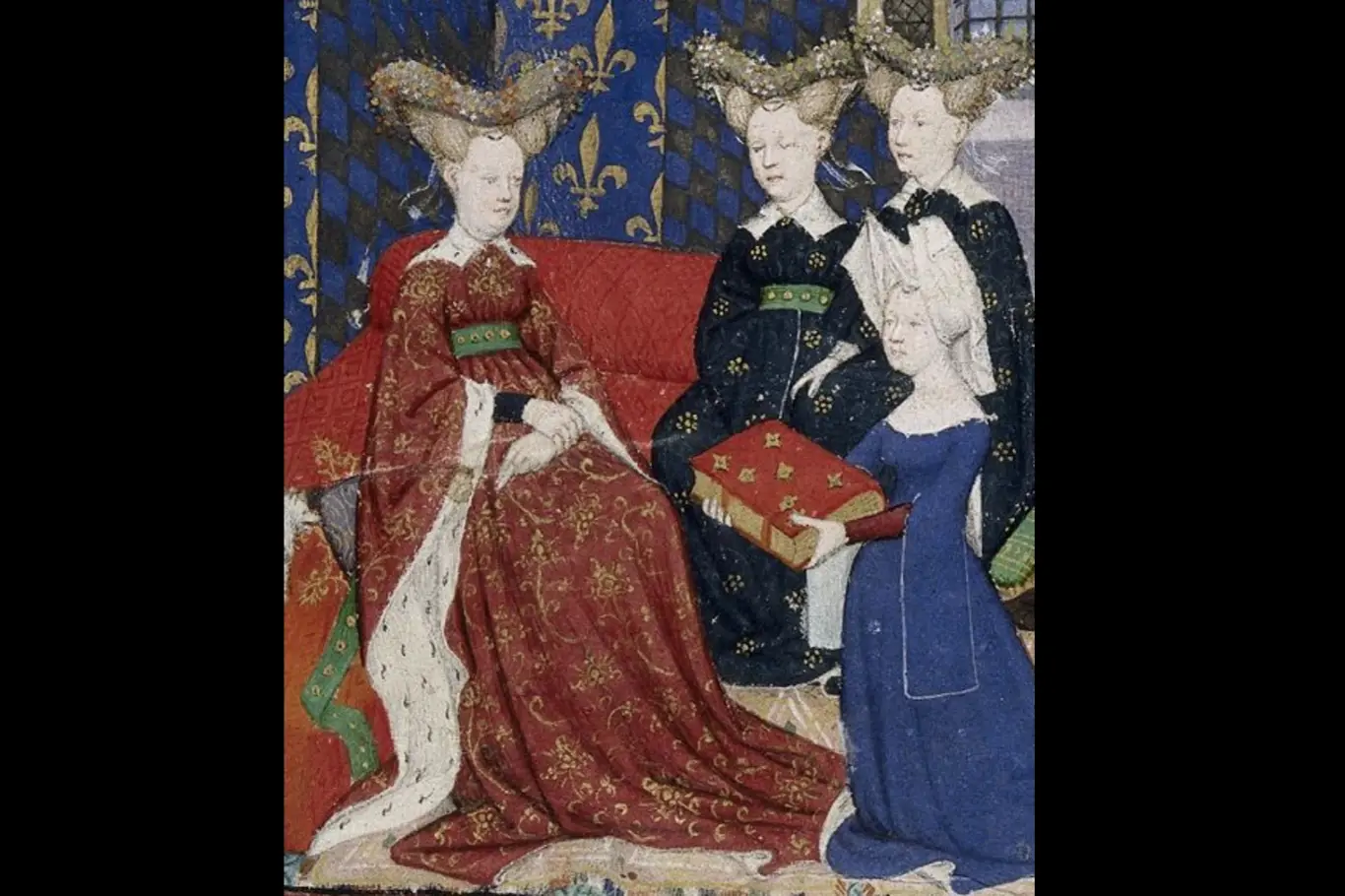 Detail prezentační miniatury, na níž Christine de Pisan předává svou knihu bavorské královně Isabele.