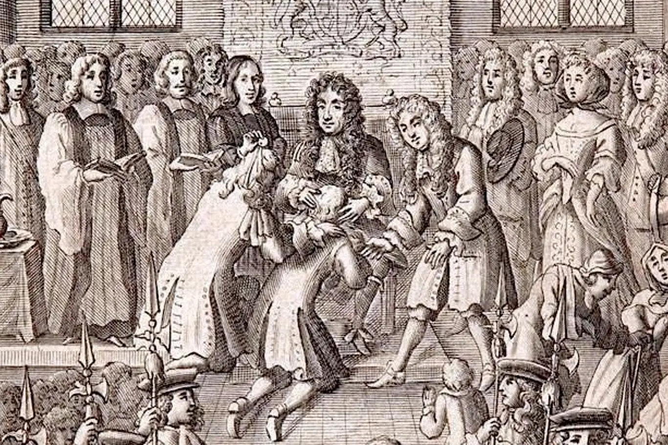 Karel II. provádí královský dotek na rytině Roberta Whita (1684)