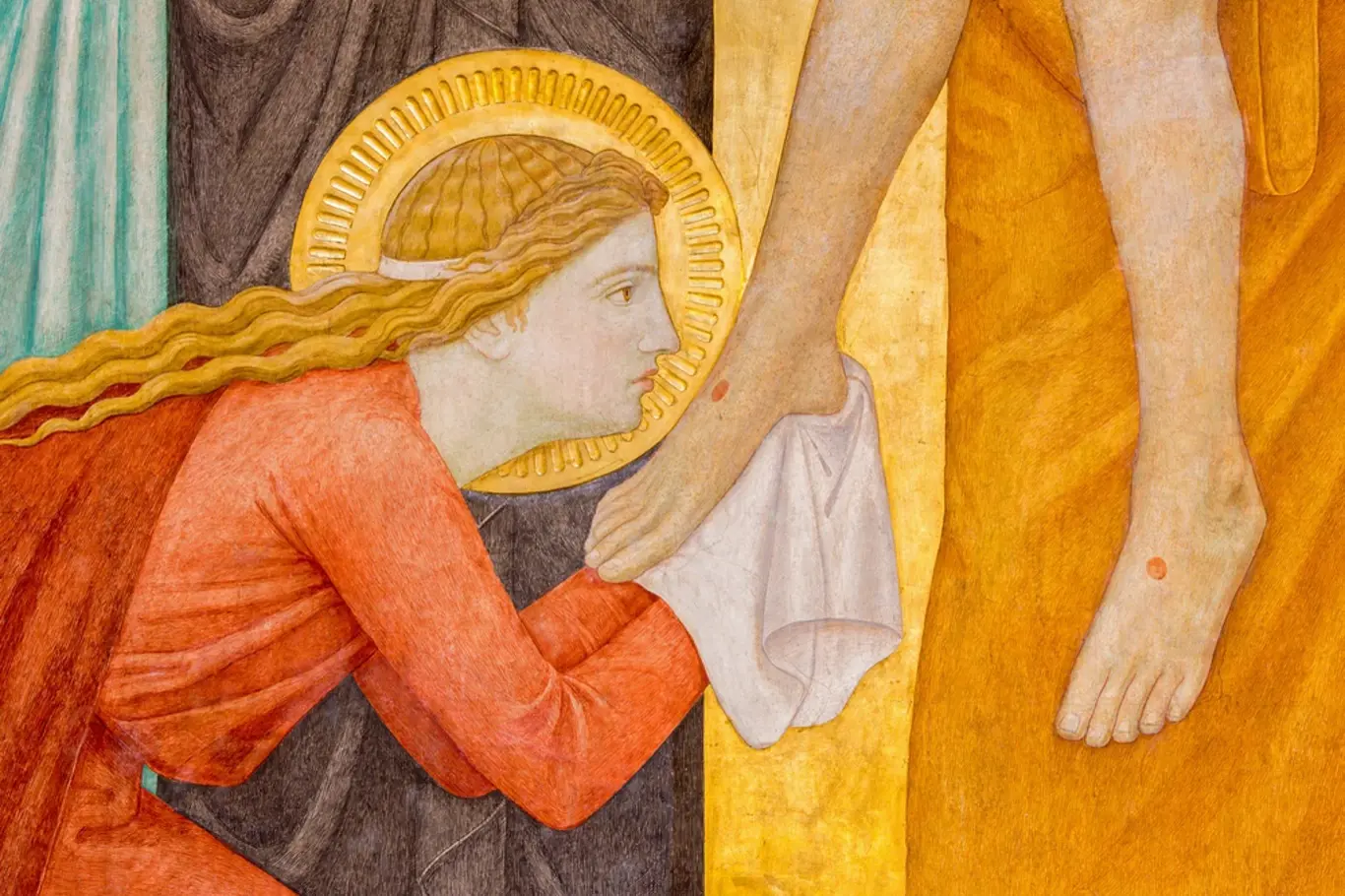 Detail Máří Magdalény na vitráži v kostele Karmelitánek v rakouském Döblingu