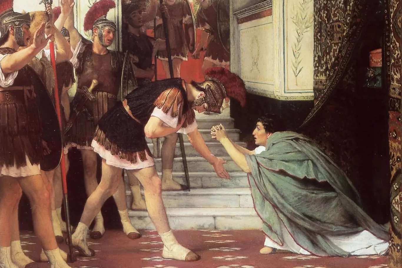 Provolání Claudia císařem. Podle jedné z verzí příběhu o Claudiově nástupu ho členové pretoriánské gardy našli po zavraždění Caliguly v roce 41 n. l. schovaného za závěsem a prohlásili ho císařem.
