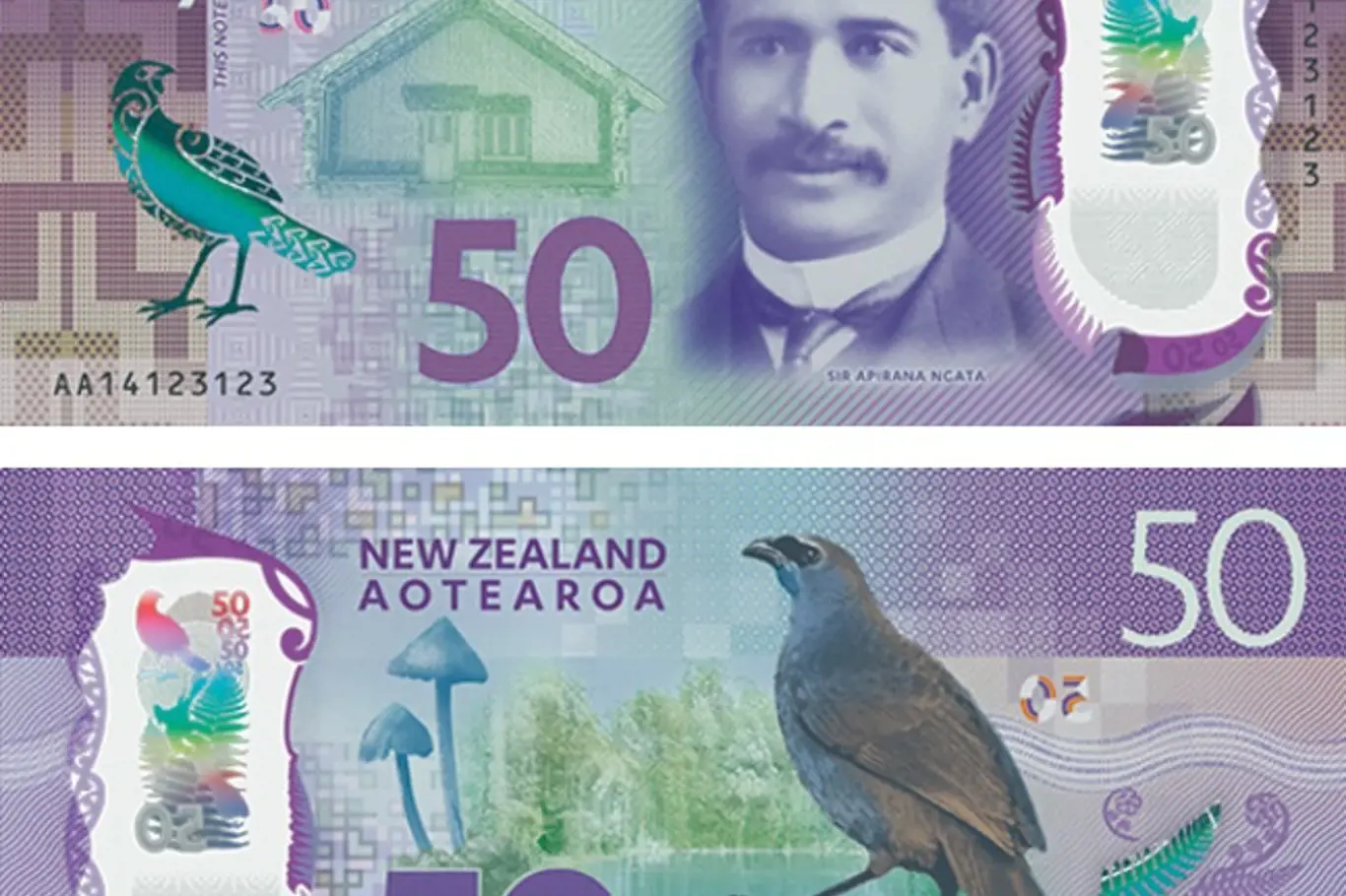 Nominovaná bankovka za rok 2016. Padesát novozélandských dolarů s průhledným okénkem.