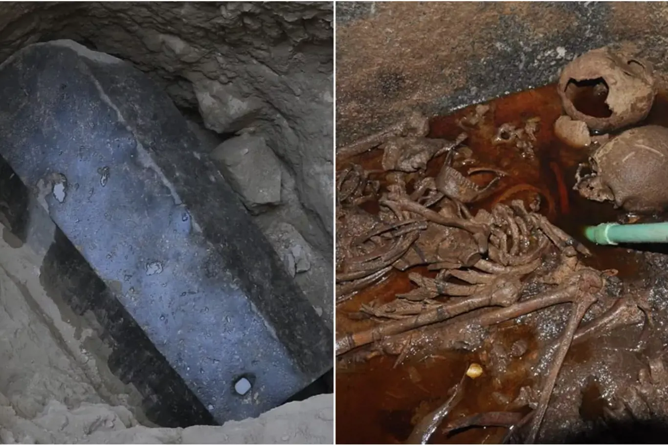 Tento 2000 let starý černý žulový sarkofág byl nalezen v egyptské Alexandrii. Uvnitř archeologové našli směs odpadních vod a koster.