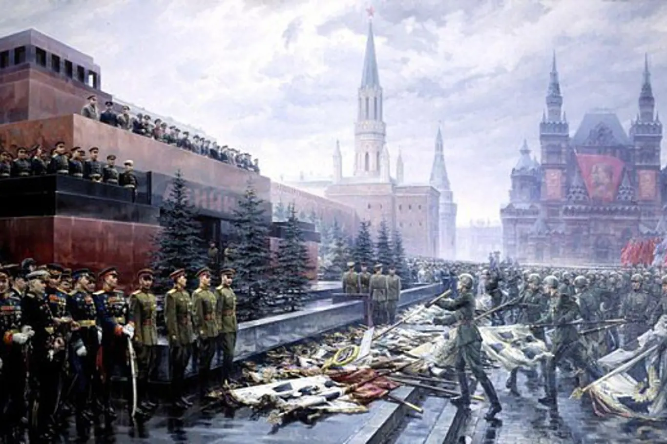 Triumf impéria v roce 1945: Rudá armáda klade ukořistěné bojové zástavy Němců k symbolům sovětské identity – Leninovu mauzoleu u moskevského Kremlu a zároveň k nohám diktátora Stalina.