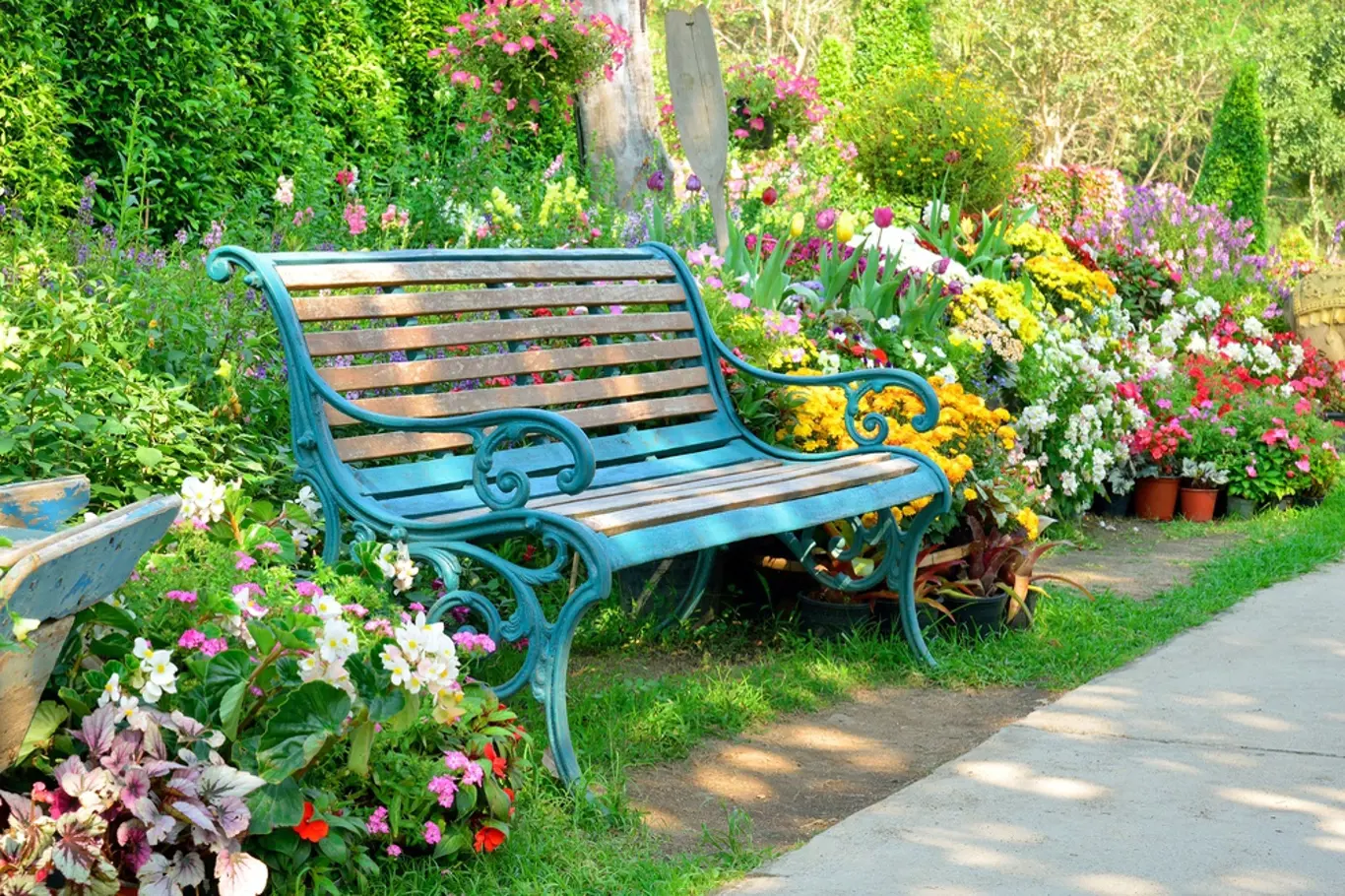 Zahradní lavička v pěkném zákoutí zahrady vybízí k posazení.