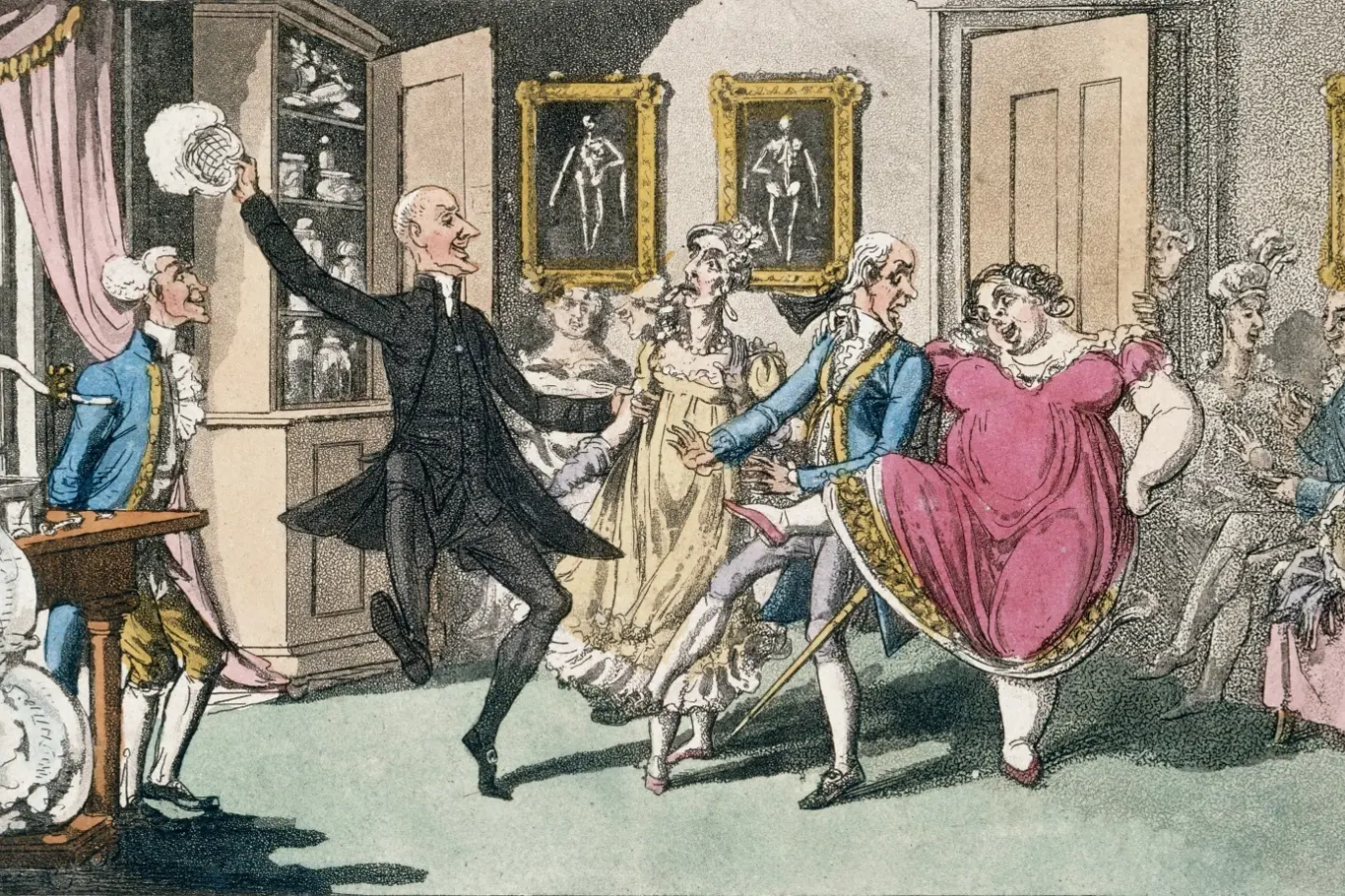 Akvatinta s vyobrazením smíchu na plynovém večírku v 19. století, autor Thomas Rowlandson.