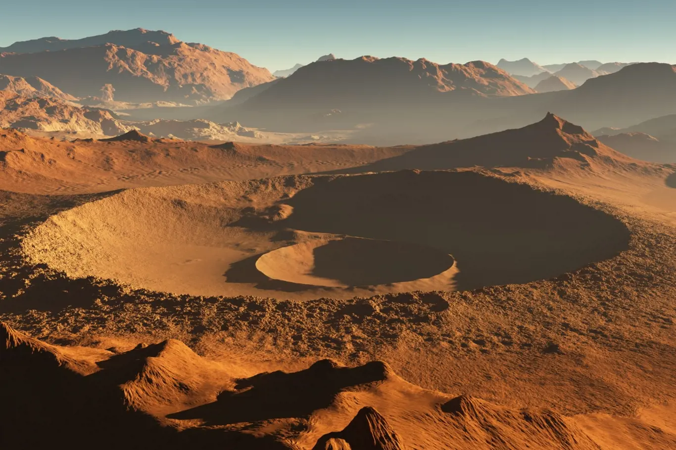 Západ slunce na Marsu. Marťanská krajina, impaktní krátery na Marsu. 3D ilustrace