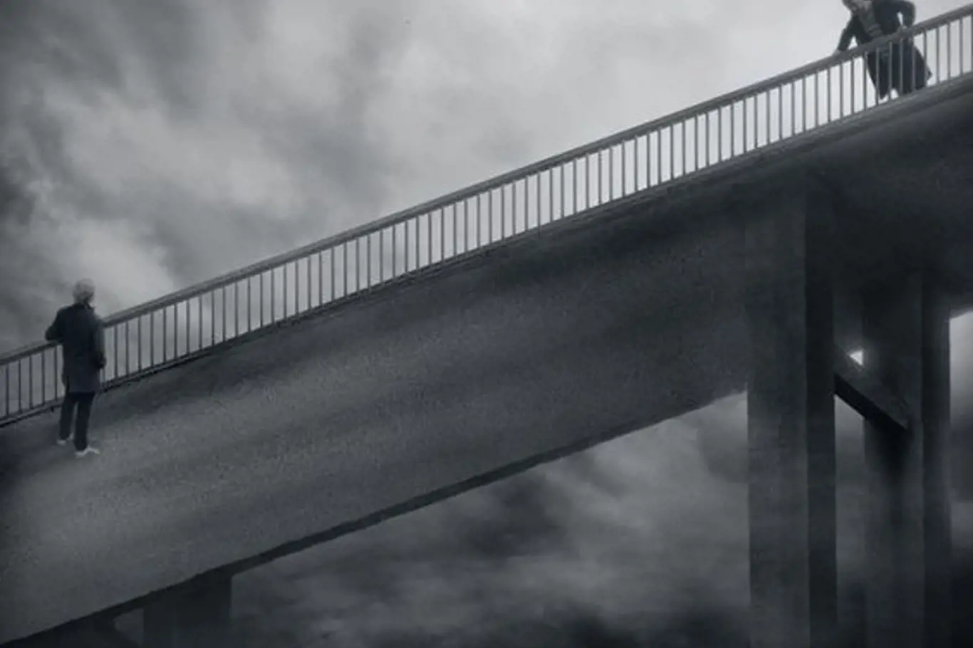 Optická iluze mizející dopravy na podivném mostě.