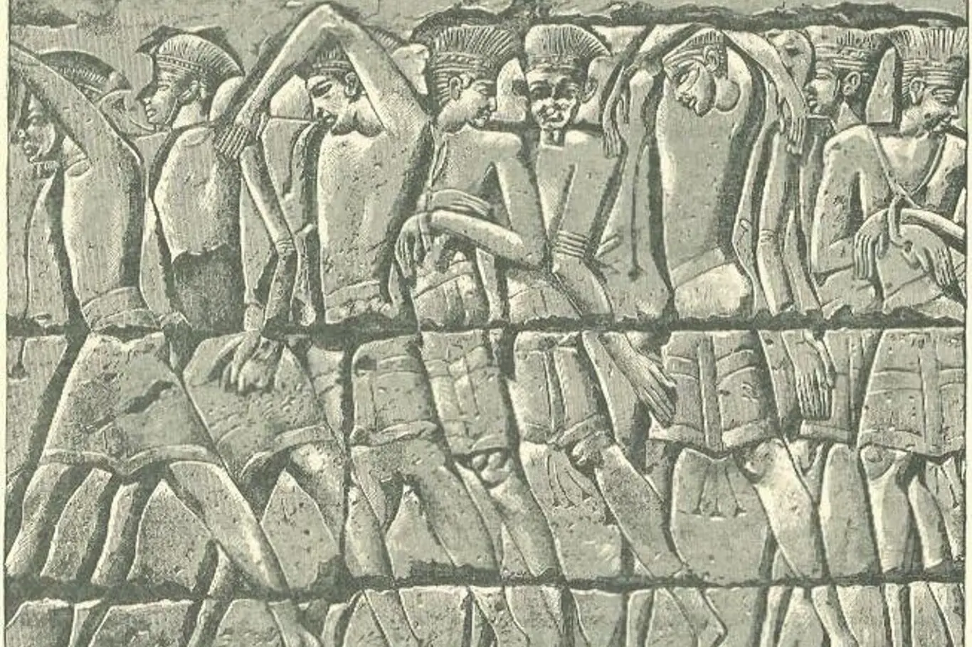 Reliéf průvodu filištínských zajatců v Medinet-habu.