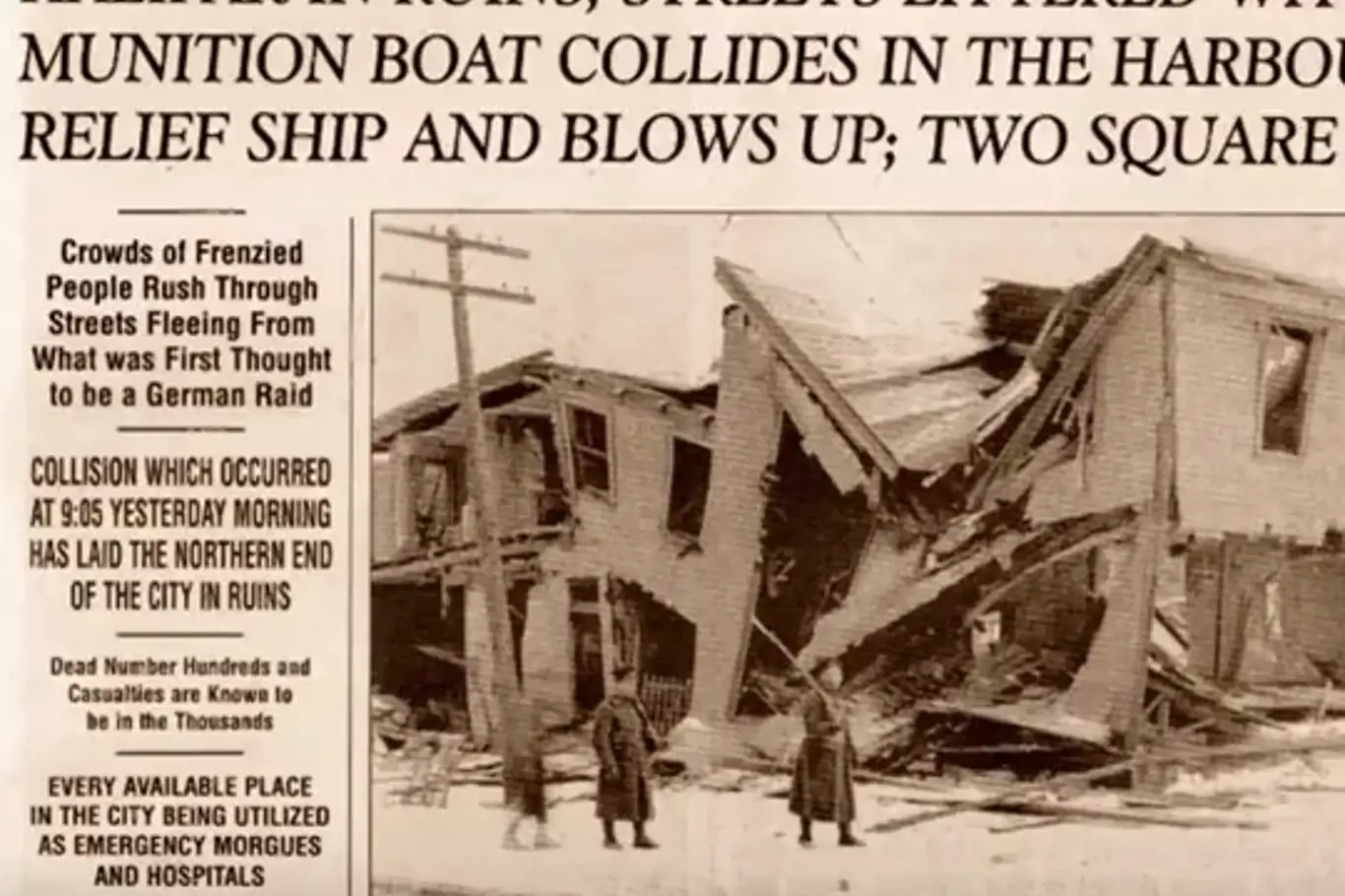 novinová zpráva o výbuchu v Halifaxu z 6. prosince 1917