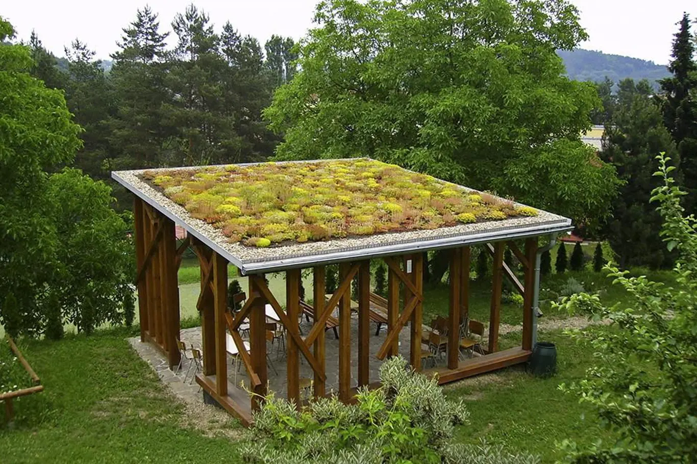 Zelená střecha na altánu ZŠ Heyrovského v Brně