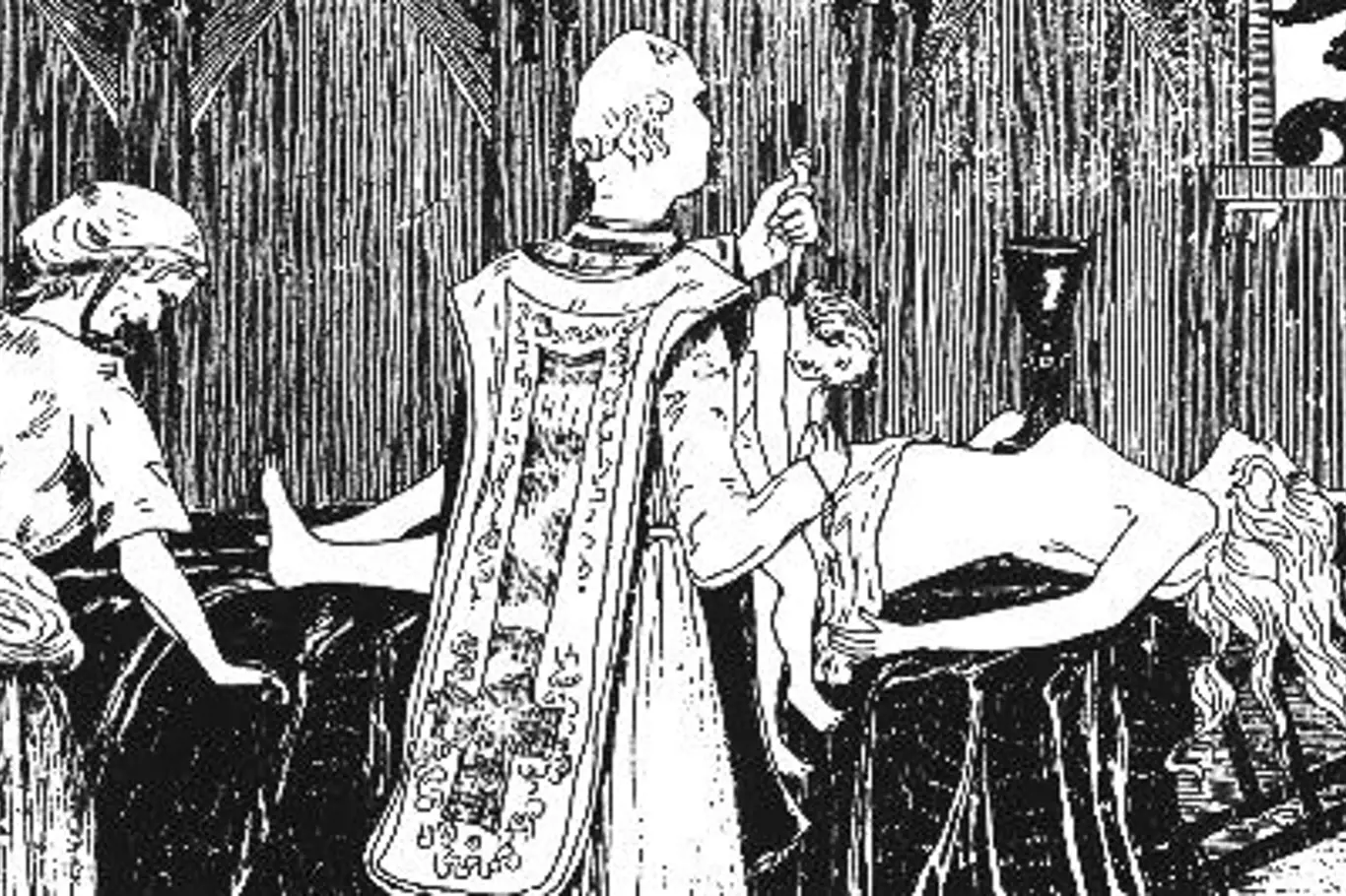 Catherine Monvoisin a kněz Étienne Guibourg jsou zobrazeni, jak vykonávají černou mši pro Madame de Montespan (ležící na oltáři) na rytině Henry de Malvosta z roku 1895.