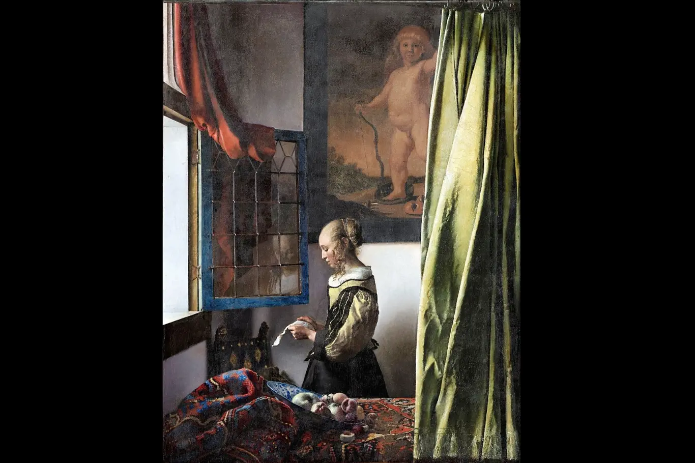 Dívka čtoucí dopis u okna, obraz po restaurování roku 2021