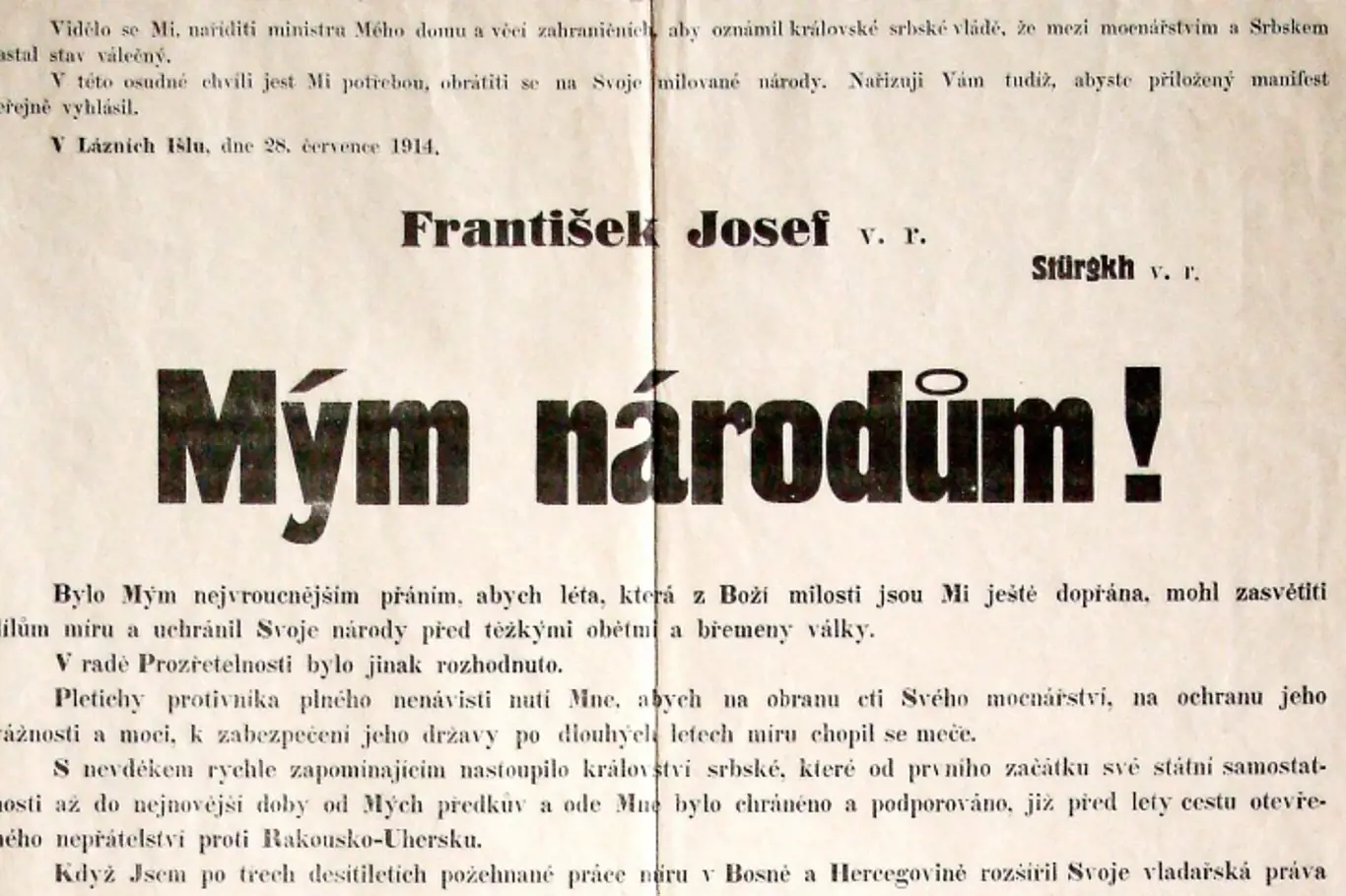 Detail známého manifestu císaře Františka Josefa I., oznamující začátek války se Srbskem