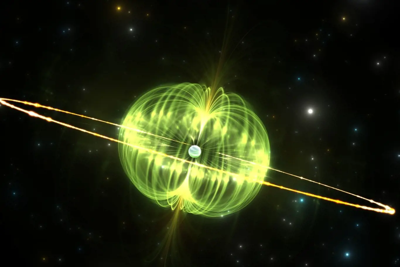Magnetar, rotující a hypermagnetizovaná hvězda.