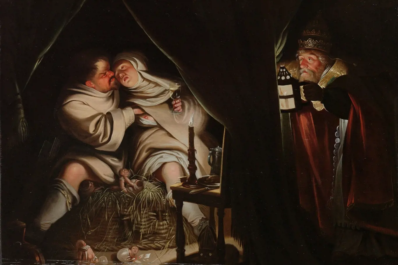 Satira na celibát. Mnich a jeptiška se milují na slaměném koši ve stanu při světle svíčky. Papež špehuje pár s lucernou. Manželé si hoví na hnízdě s vejci, z něhož vylézají mniši; pod židlí sedí kočka s mitrou na hlavě.
