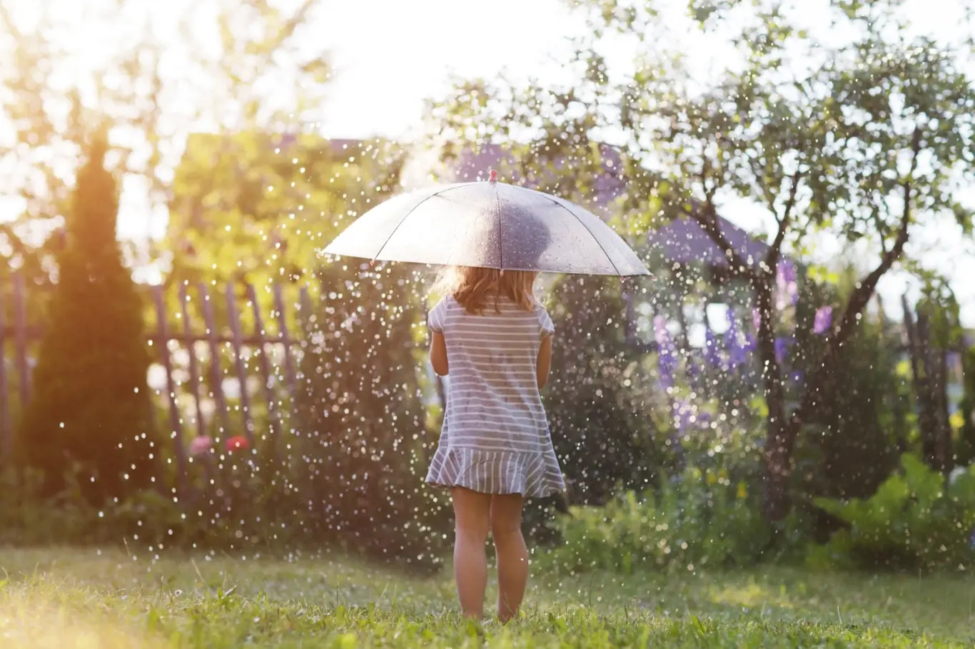déšť, dítě, holčička, deštník, zahrada