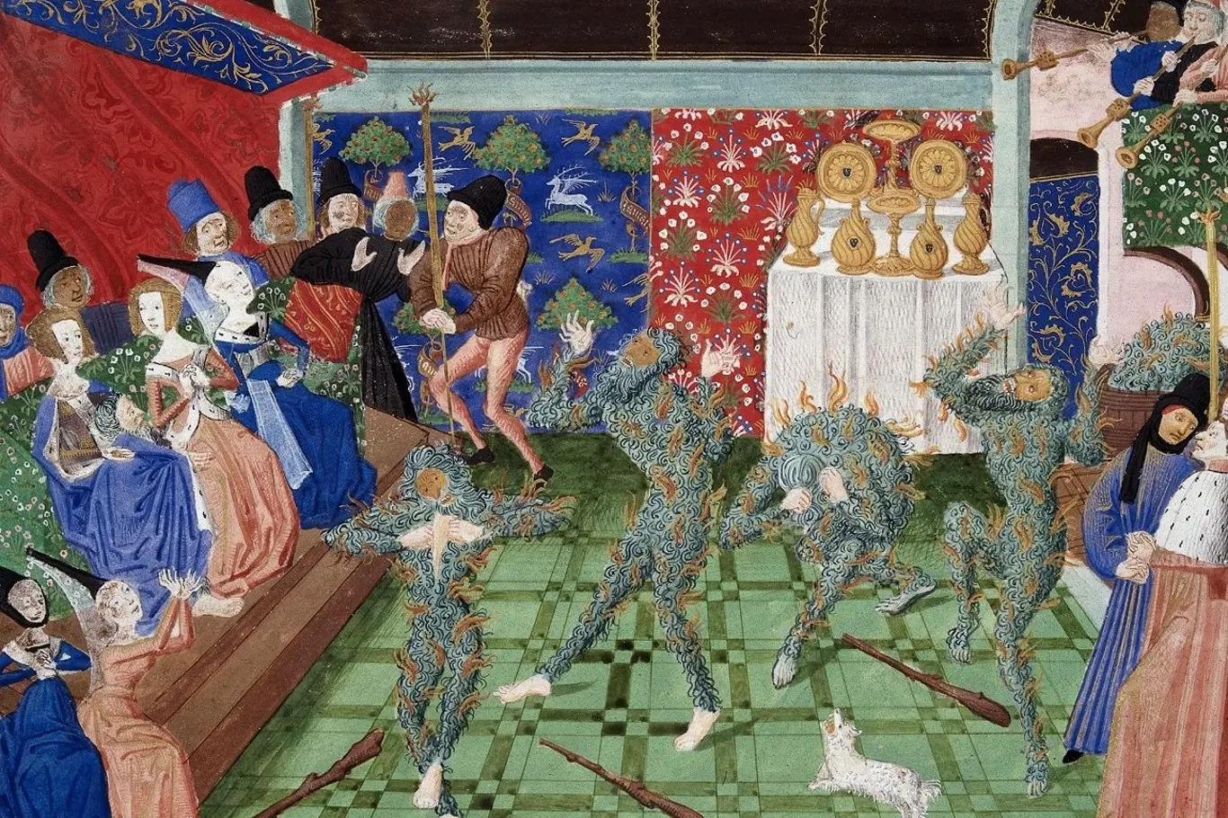 Bál světlušek - Bal des Ardents, miniatura z let 1450–80, na které jsou vidět ohnivé kostýmy tanečníků