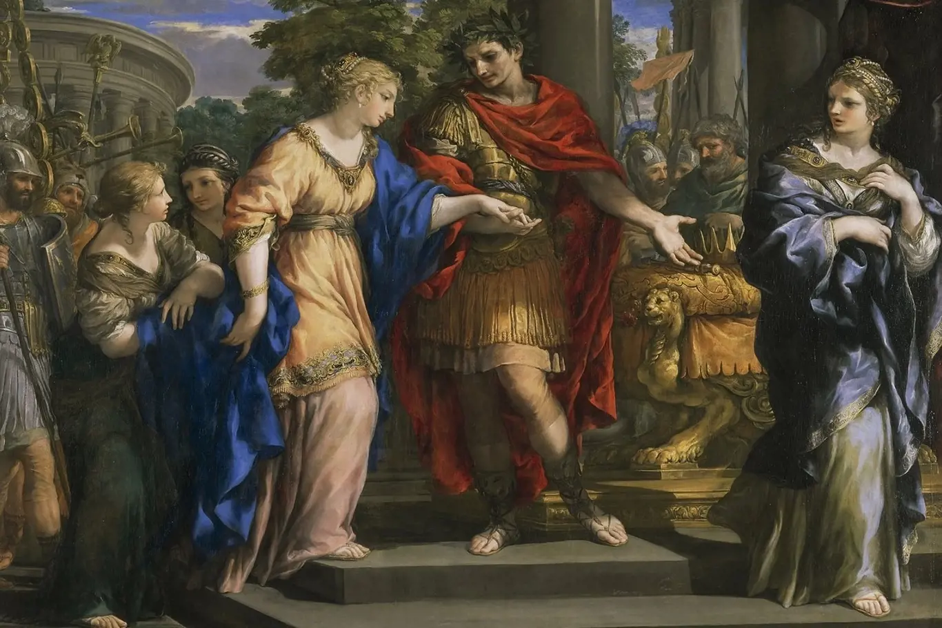 Caesar navrací moc Kleopatře. Její sestra Arsinoé (vpravo) závistivě přihlíží.
