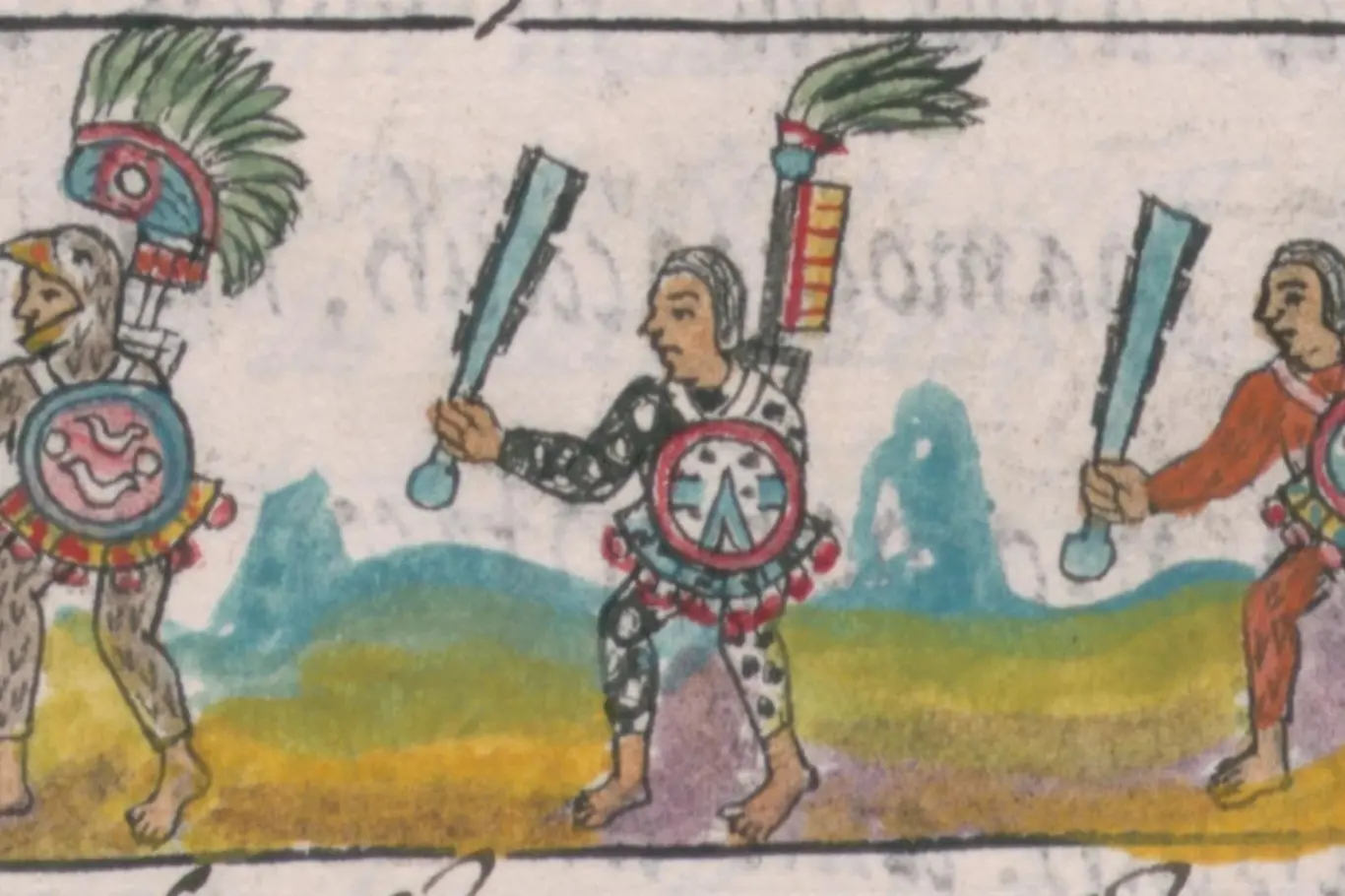 Aztéčtí válečníci, jak jsou uvedeni ve Florentském kodexu ze 16. století (svazek IX). Každý válečník se ohání makuahuitlem.
