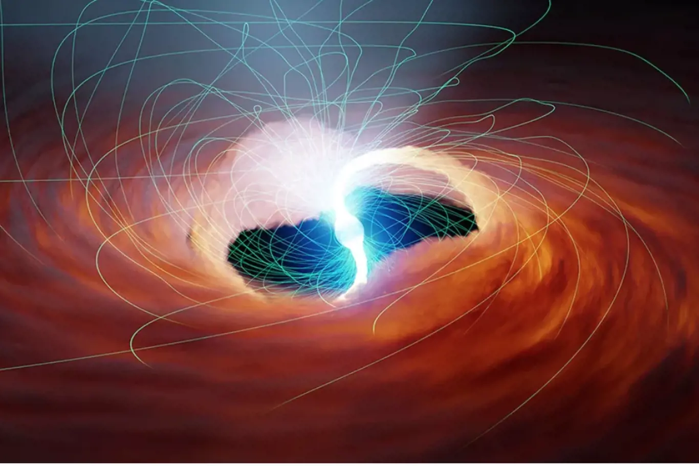 Ilustrace neutronové hvězdy - ultrazářivého zdroje rentgenového záření -, která se otáčí, zatímco úponky magnetického pole bičují prostor.