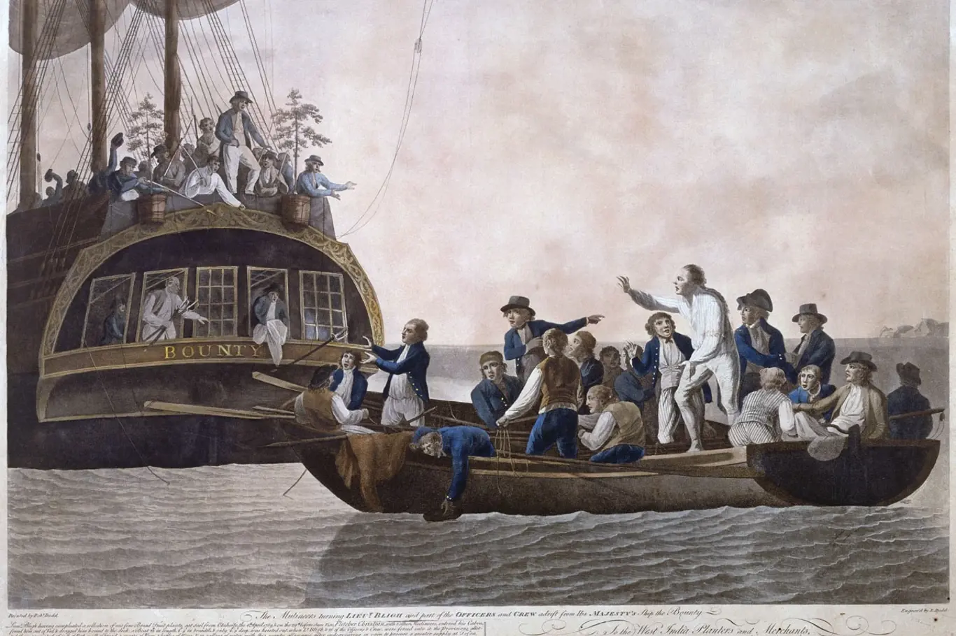 Vzbouřenci vysazují kapitána lodi a část posádky do člunu, ilustrace z roku 1790