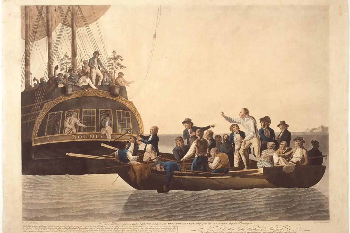 Vysazení kapitána Blighe a 18 členů posádky do člunu na otevřené moře. Muž stojící nejvýš na palubě lodi je zřejmě vůdce vzpoury Fletcher Christian