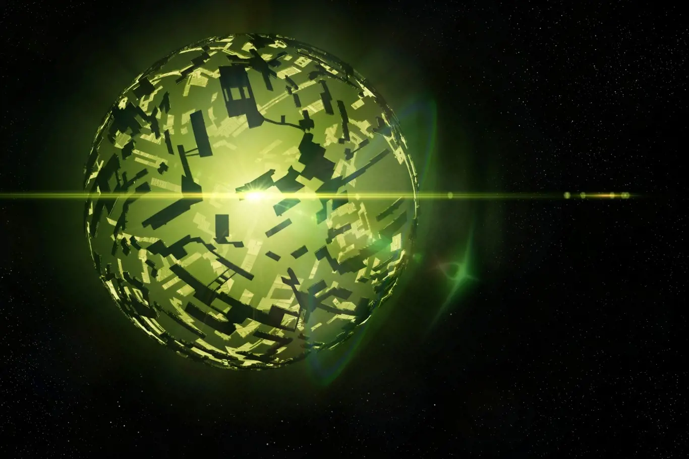 Mimozemská megastavba, Dysonova koule kolem vzdálené zelené hvězdy (3d ilustrace, prvky tohoto snímku pocházejí z NASA)