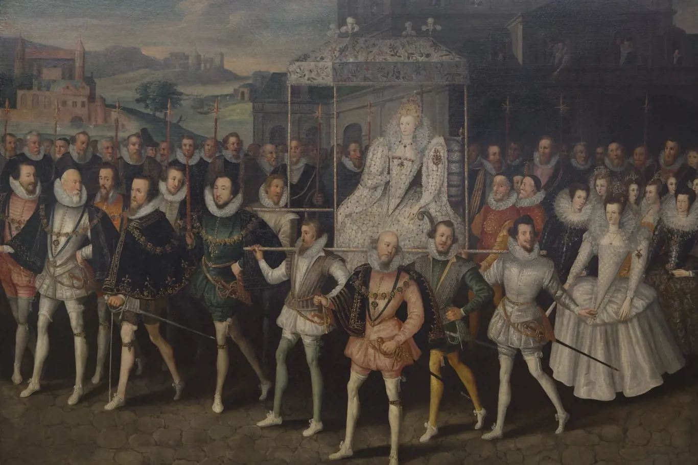 Obraz průvodu, kolem roku 1600, zobrazující Alžbětu I. nesenou svými dvořany