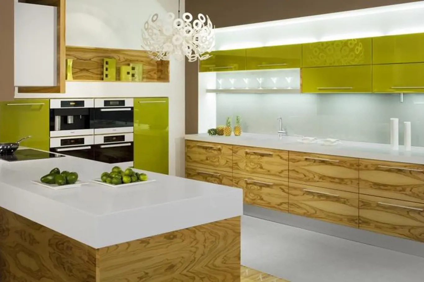 Půvab barevné kuchyně vynikne díky pečlivě vybraným odstínům. Kuchyně Aroma od firmy Koryna potěší odstínem zelených dvířek (cena dle sestavy). 