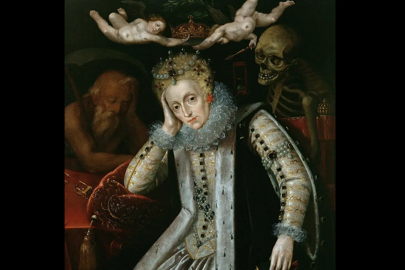 Portrét Alžběty I., namalovaný po roce 1620, v době prvního oživení zájmu o její vládu. Po její pravici spí Čas a přes levé rameno se jí dívá Smrt; dva putti drží nad její hlavou korunu