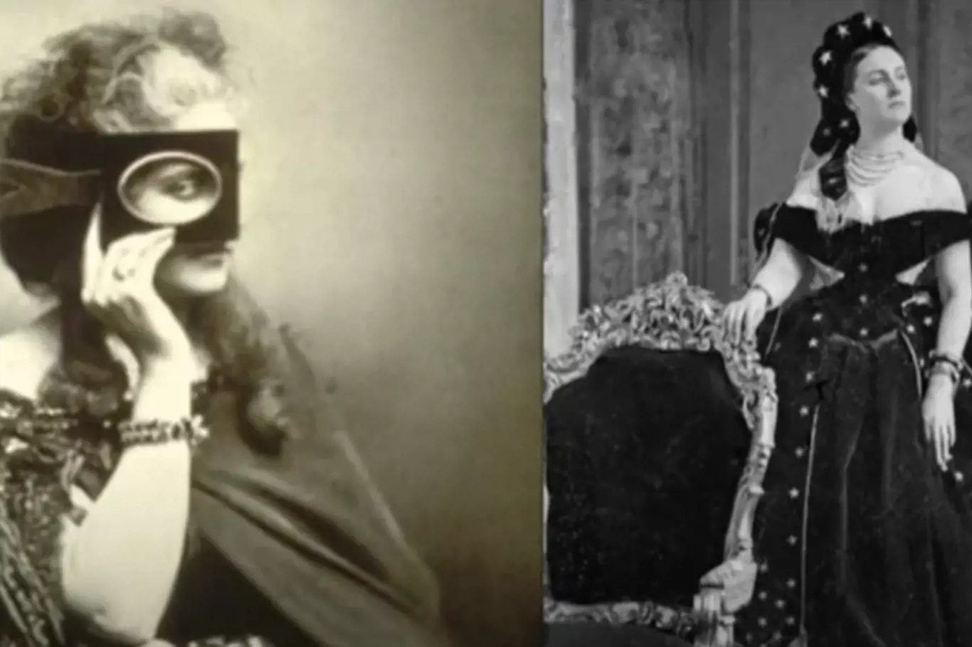 Virginie Oldoïni, jedna z nejznámějších fotek - s rámečkem a na druhé v černých šatech