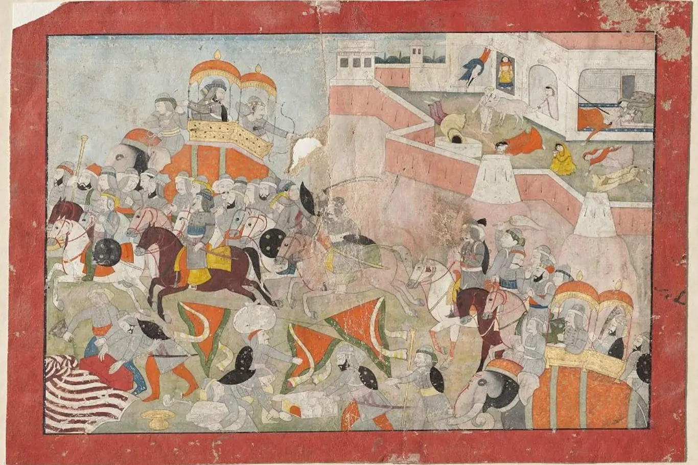 Sultán Alau'd Din na útěku; ženy z Ranthambhoru páchají džauhar. Indická malba ve stylu Pahari z roku 1825.