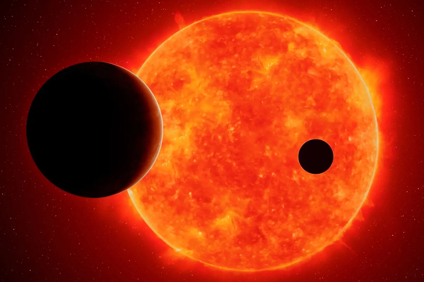 dvě exoplanety před červeným trpaslíkem