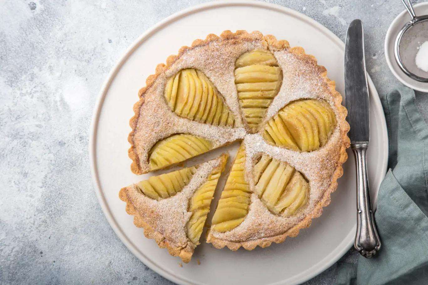 poached pear and almond frangipane tart, top view