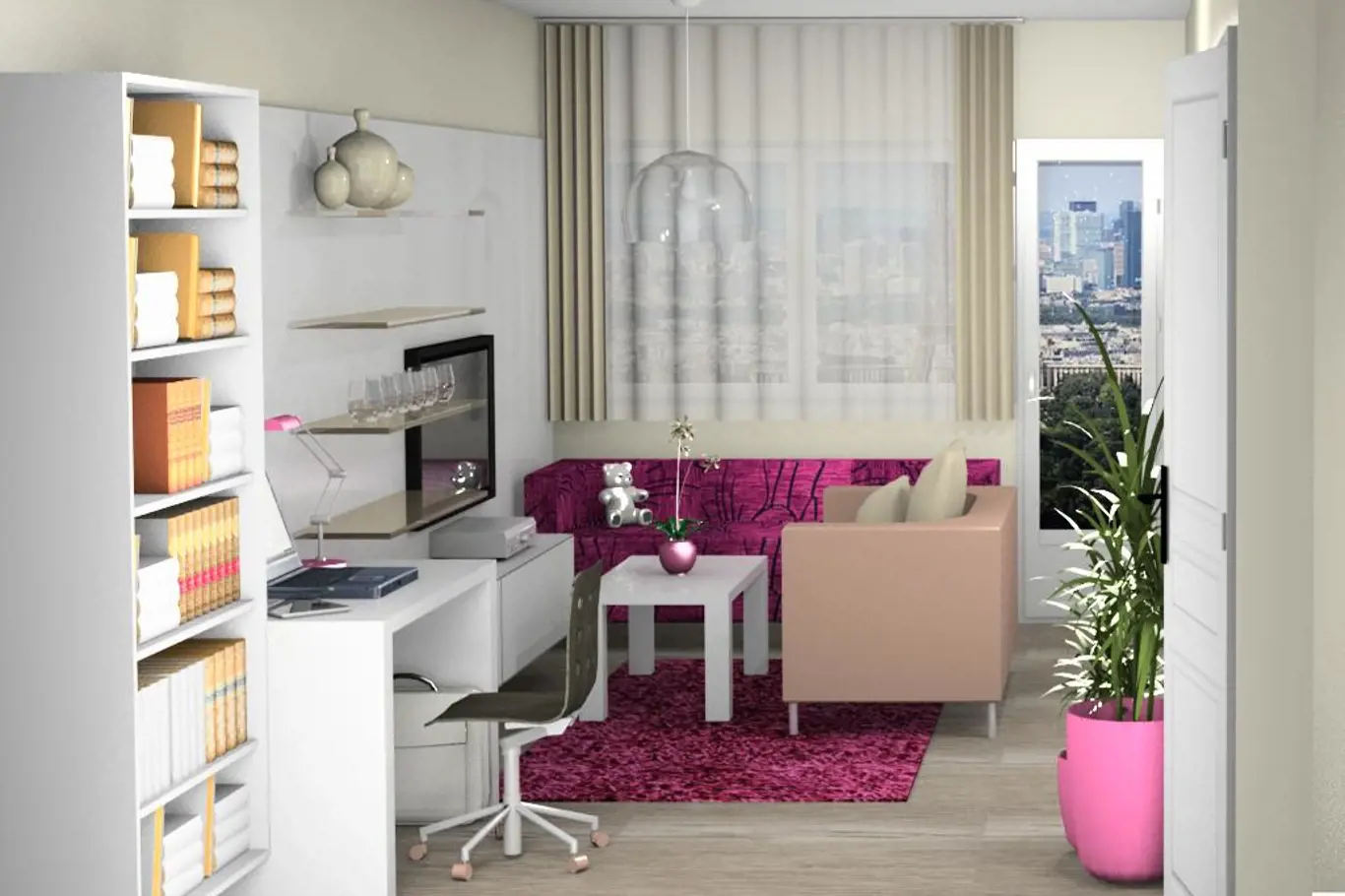 3D návrh - obývací pokoj s ložnicí 1