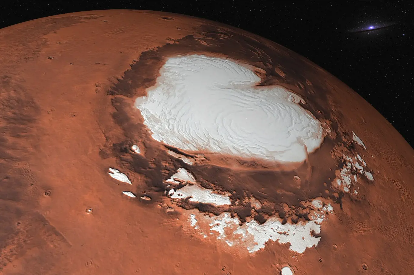 Mars, planeta sluneční soustavy. Severní pól zblízka, jak se jeví ve vesmíru, ukazuje ledovou vodu na Marsu. Prvky tohoto snímku poskytla NASA