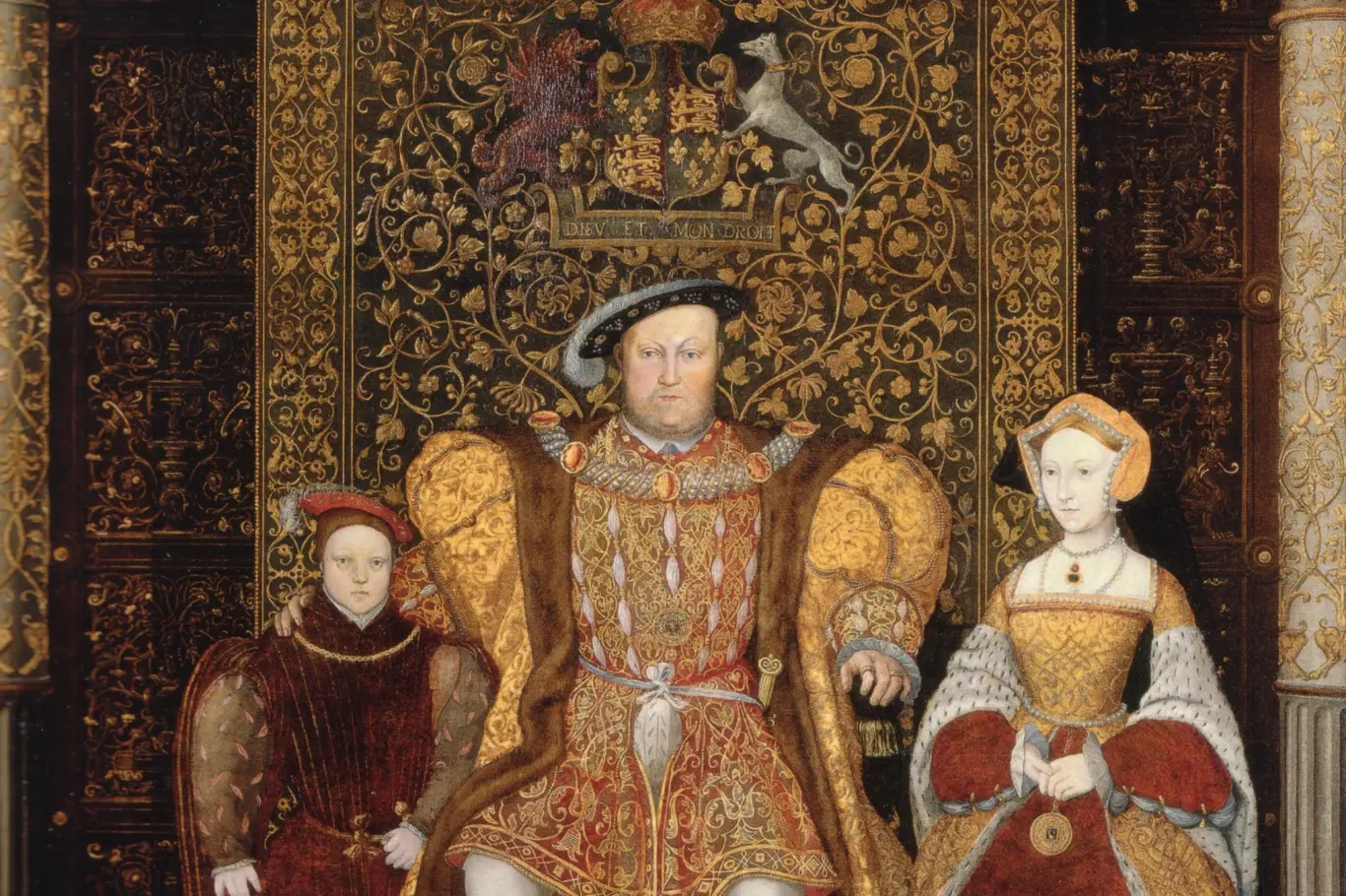 Jane Seymourová s Jindřichem a mladým princem Edwardem. V době, kdy byl tento obraz namalován, byl Jindřich ženatý se svou šestou manželkou Kateřinou Parrovou.