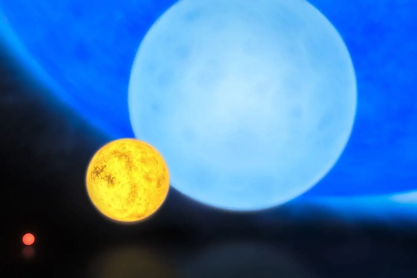 Srovnání velikosti hvězd různého typu: zleva červený trpaslík, naše Slunce, obyčejný modrý obr a R136a1