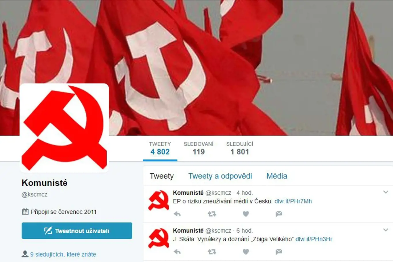 Twitterový účet, k němuž se KSČM oficiálně nehlásí