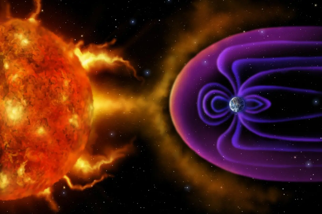 Digitální ilustrace zemské magnetosféry, která odráží sluneční vítr a záření ze Slunce.