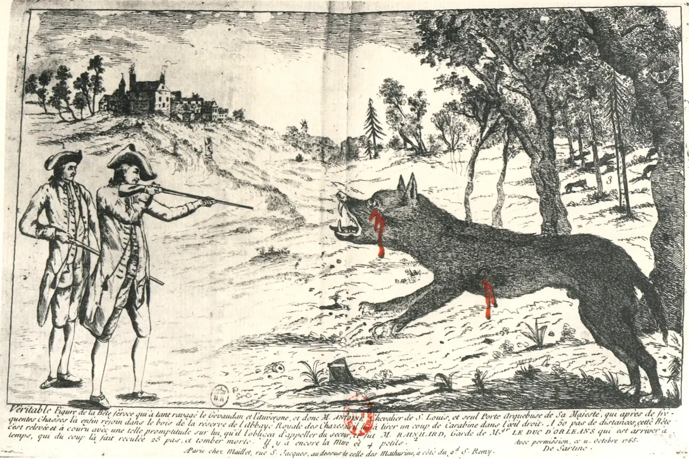 Rytina z 18. století Françoise Antoina zabíjejícího vlka Chazese.